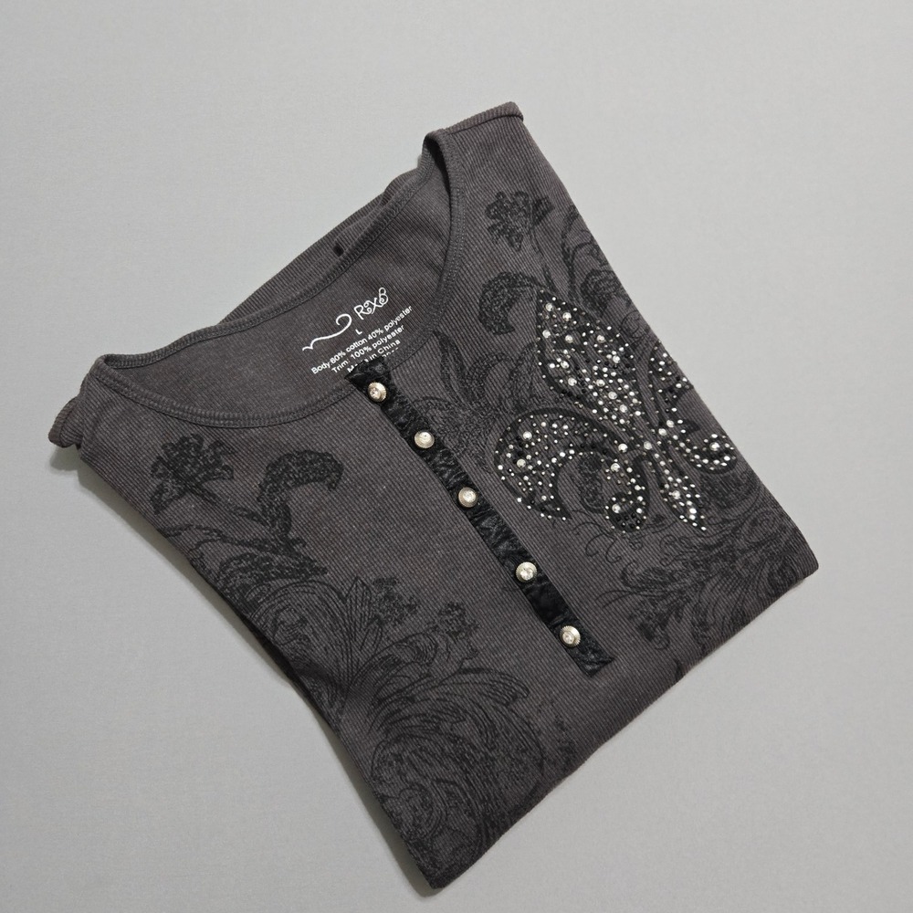 RXB Henley Women Large Gray Fleur De Lis Rhinestone Graphic Button Cotton Blend